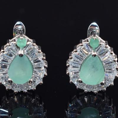 Pair of Sterling Silver 2 TCW Natural Unheated Pear Emerald Earrings