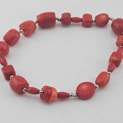 Red Coral Sterling Bead Strech Band Bracelet 