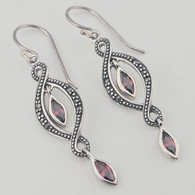 Sterling Silver Marcasite Garnet Earrings 