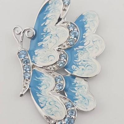 Sterling Silver Aquamarine Enamel Butterfly Pendant