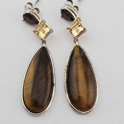 Sterling Silver Tiger Eye Citrine & Smokey Quartz Earrings 