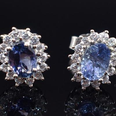 Pair of Sterling Silver Natural Unheated Oval Tanzanite Stud Earrings