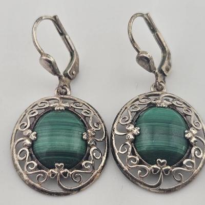 Sterling Silver Malachite Oval Earrings 