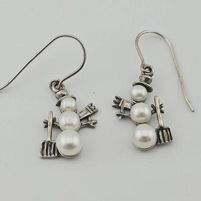 Pair Of Sterling Silver Pearl Snowman Earrings