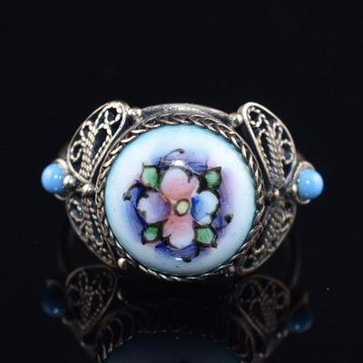 Silver Ornate Filigree Floral Porcelain Ring