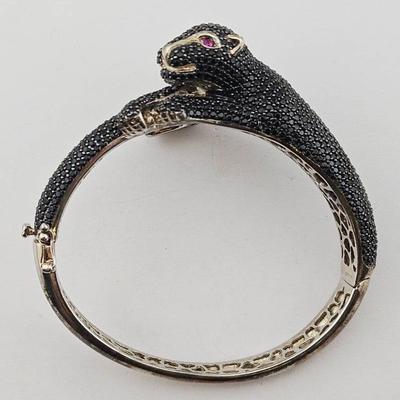 Sterling Silver Onyx & Ruby Black Panther Cuff Bracelet 