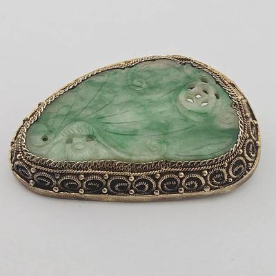 Gold Over Silver Antique Carved Jade Brooch
