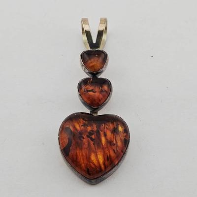 Sterling Silver Triple Amber Heart Pendant 