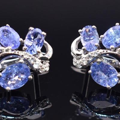 Pair of Sterling Silver Natural Unheated Tanzanite Floral Earrings