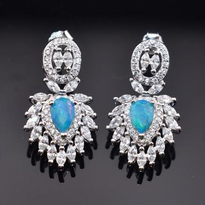 Pair of Sterling Silver  Blue Opal Dangle Earrings