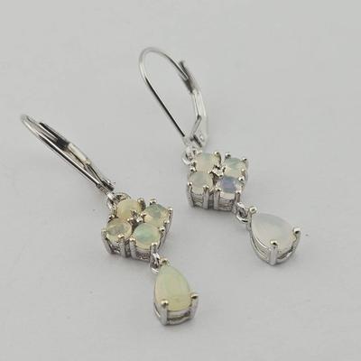 Pair Of Sterling Silver Whote Opal Dangle Earrings 