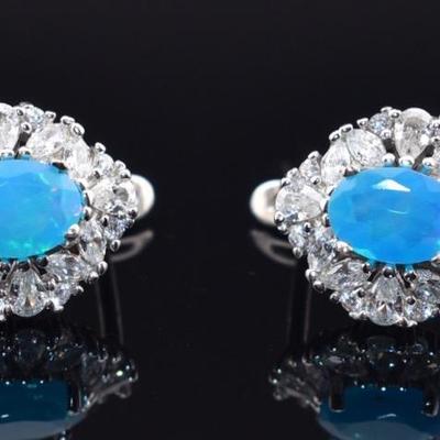 Pair of Sterling Silver Oval Blue Opal Earrings