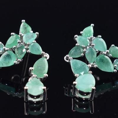 Pair of Sterling Silver Natural Unheated Pear Emerald Earrings 