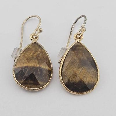 Pair Of Sterling Silver Gold Vermeil Tigers Eye Earrings 