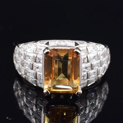 Sterling Silver 2.5 Carat Natural Unheated Emerald-Cut Citrine Ring
