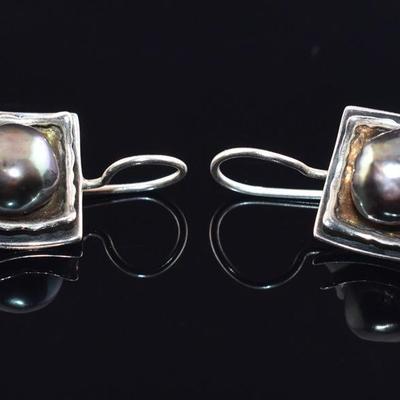 Pair of Sterling Silver Black Pearl Layered Earrings
