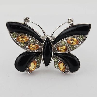 Sterling Silver Onyx Citrine Peridot & Topaz Butterfly Ring
