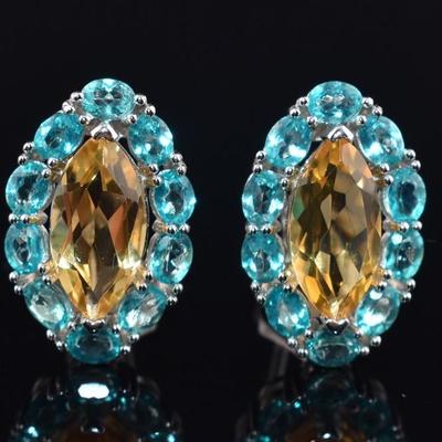 Pair of Sterling Silver 8 TCW Natural Unheated Marquis Citrine & Apatite Earrings