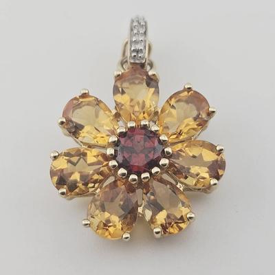 14k Gold Garnet Citrine & Diamond Flower Pendant 