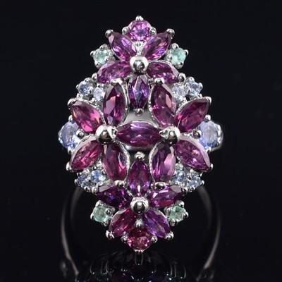 Sterling Silver Natural Unheated Rhodolite Garnet, Emerald & Tanzanite Floral Ring