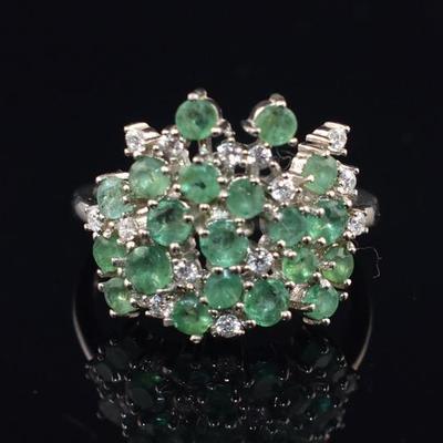Sterling Silver Natural Unheated Emerald Cluster Ring