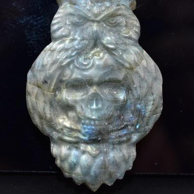 84.4 Carat Natural Unheated Labradorite Carved Skull in Owl