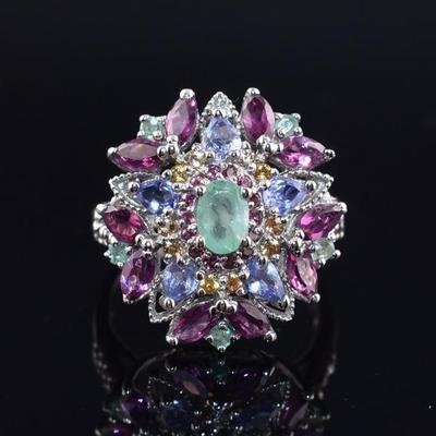 Sterling Silver Natural Unheated Emerald, Rhodolite Garnet, Tanzanite & Sapphire Cluster Ring