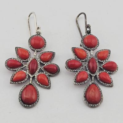 Sterling Silver Coral Cluster Earrings 