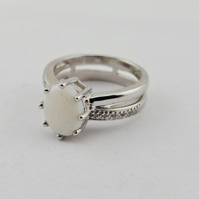 Sterling Silver White Opal & Diamond Double Band Ring