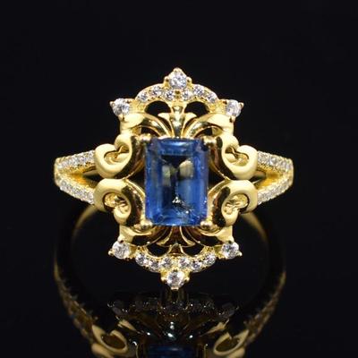 Sterling Silver Gold Vermeil Natural Unheated Emerald-Cut Kyanite Ring