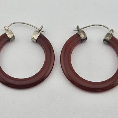 Pair Of Sterling Silver Carnelian Hoops Earrings 