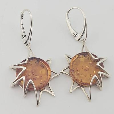 Sterling Silver Amber Sun Dangle Earrings 