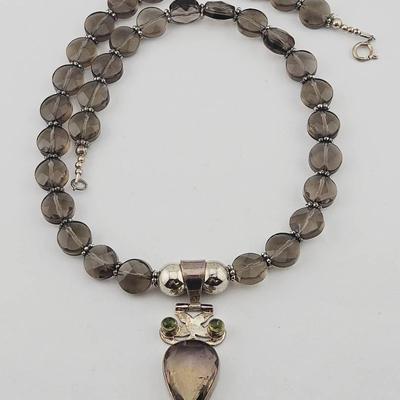 Sterling Silver Smokey Quartz Beaded Necklace & Pendant