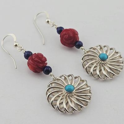 Pair Of Sterling Silver Turquoise Red Coral & Lapis Southwestern Earrings 