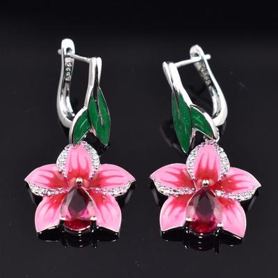 Pair of Sterling Silver Enamel Floral Earrings
