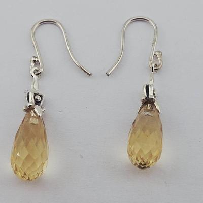 Pair Of Sterling Silver Briolette Cut Citrine Dangle Earrings 