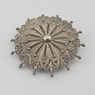 Vintage Sterling Silver Filigree Flower Brooch