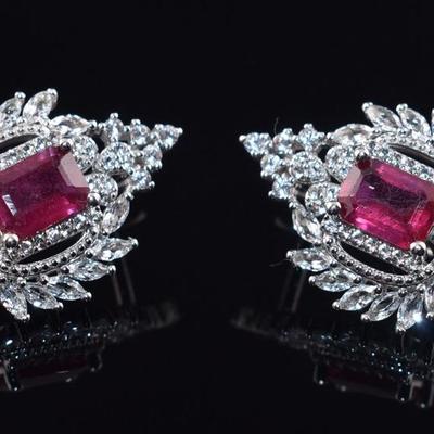 Pair of Sterling Silver Emerald-Cut Ruby Earrings