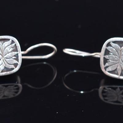 Pair of Sterling Silver Amber Floral Dangle Earrings