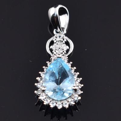 Sterling Silver 2 Carat Natural Pear Blue Topaz Pendant