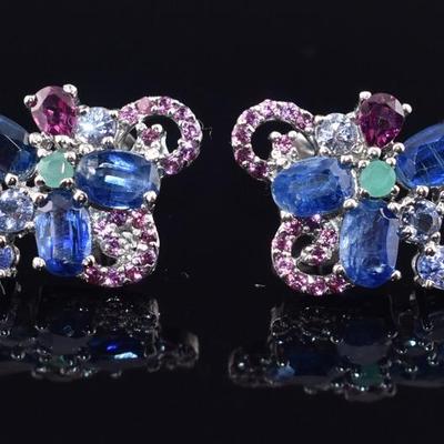 Pair of Sterling Silver Natural Unheated Citrine, Emerald, Kyanite, Garnet & Tanzanite Earrings 