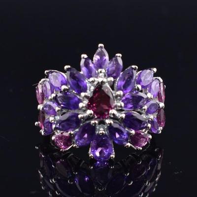 Sterling Silver Natural Unheated Amethyst & Rhodolite Garnet Ring