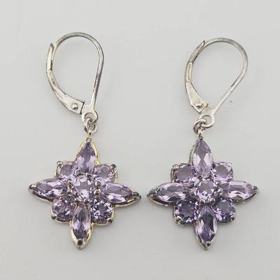 Sterling Silver Amethyst Cluster Dangle Earrings 