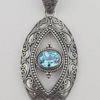 Sterling Silver 3.5 Carat Blue Topaz Ornate Pendant