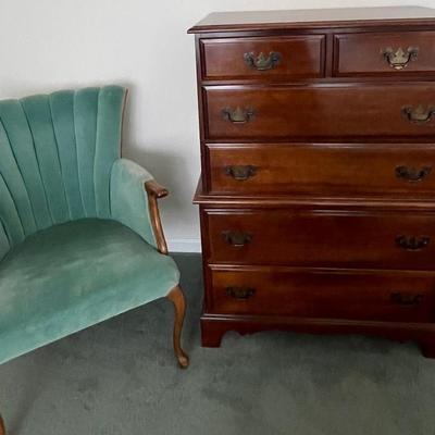 Genuine Mahogany 5-Drawer Chest & Vintage Sage Green Velvet Chair
