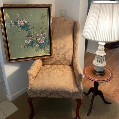 Wingback Queen, Anne floral textured chair plus vintage agents, Asian style painting, Table, & lamp