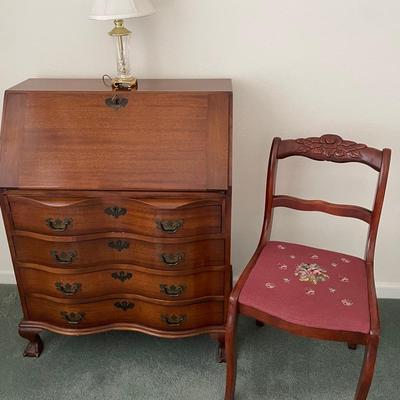 Vintage Secretary Desk, Victorian Needlepoint Side Chair