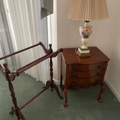 Vintage Ceramic Lamp, Gibbard Side Table, & Rack