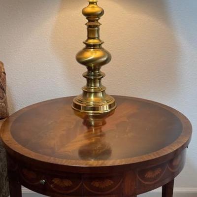 Mcm Inlay Flame Mahogany Table Plus Brass Lamp
