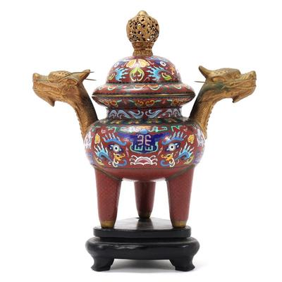 Sale Photo Thumbnail #299: Lot 299 chinese cloisonne tripod incense burner signed sato